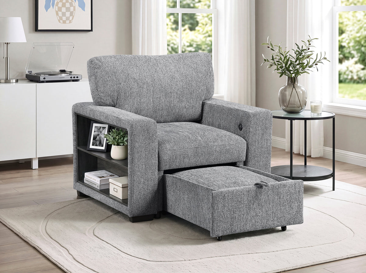 Alcove Gray Chair With Pull-out Ottoman Arms With Shelves And Charging Ports