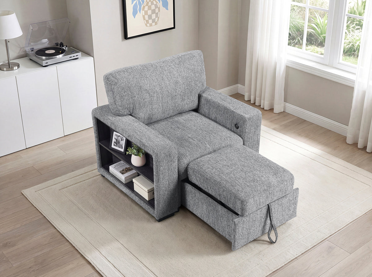 Alcove Gray Chair With Pull-out Ottoman Arms With Shelves And Charging Ports