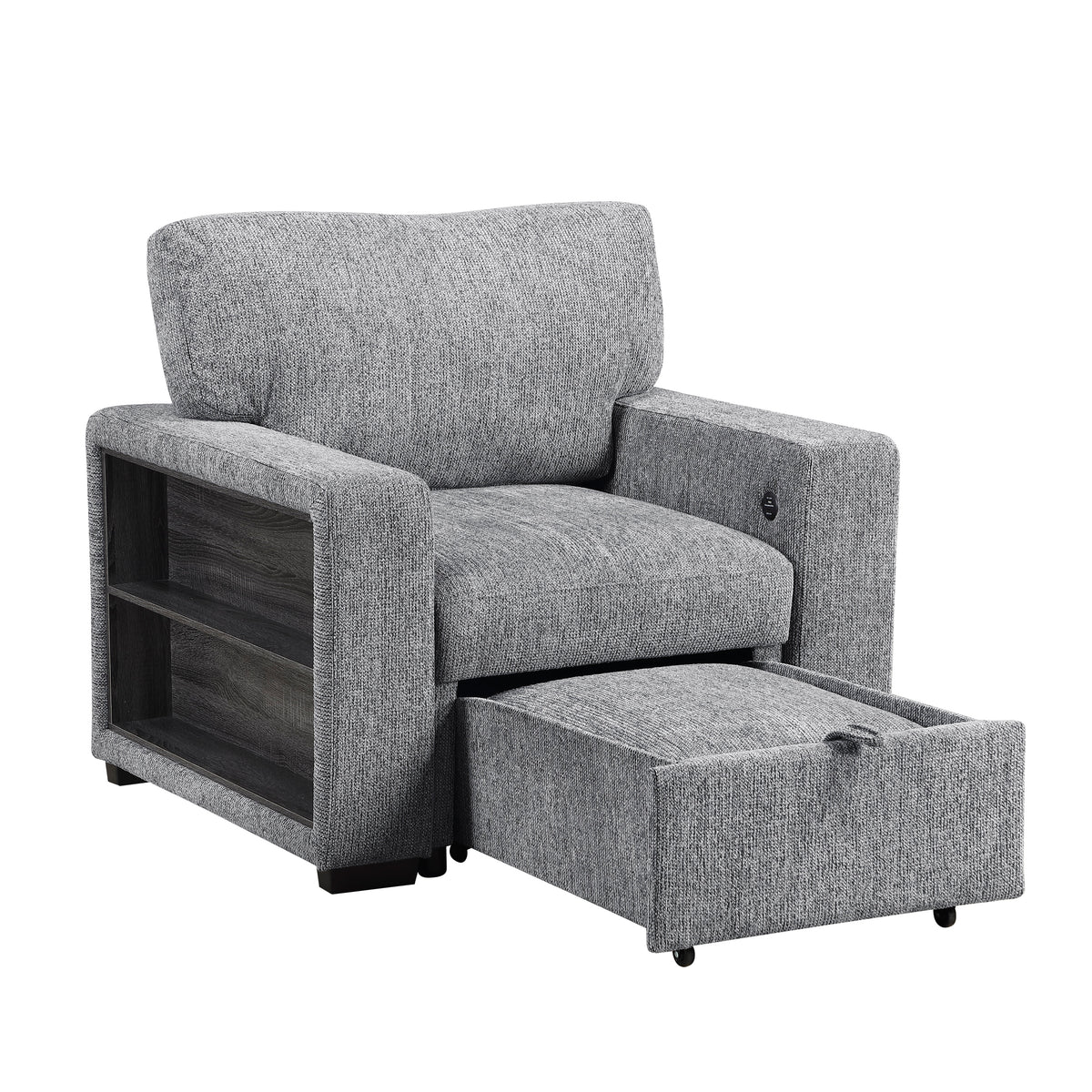 Alcove Gray Chair With Pull-out Ottoman Arms With Shelves And Charging Ports