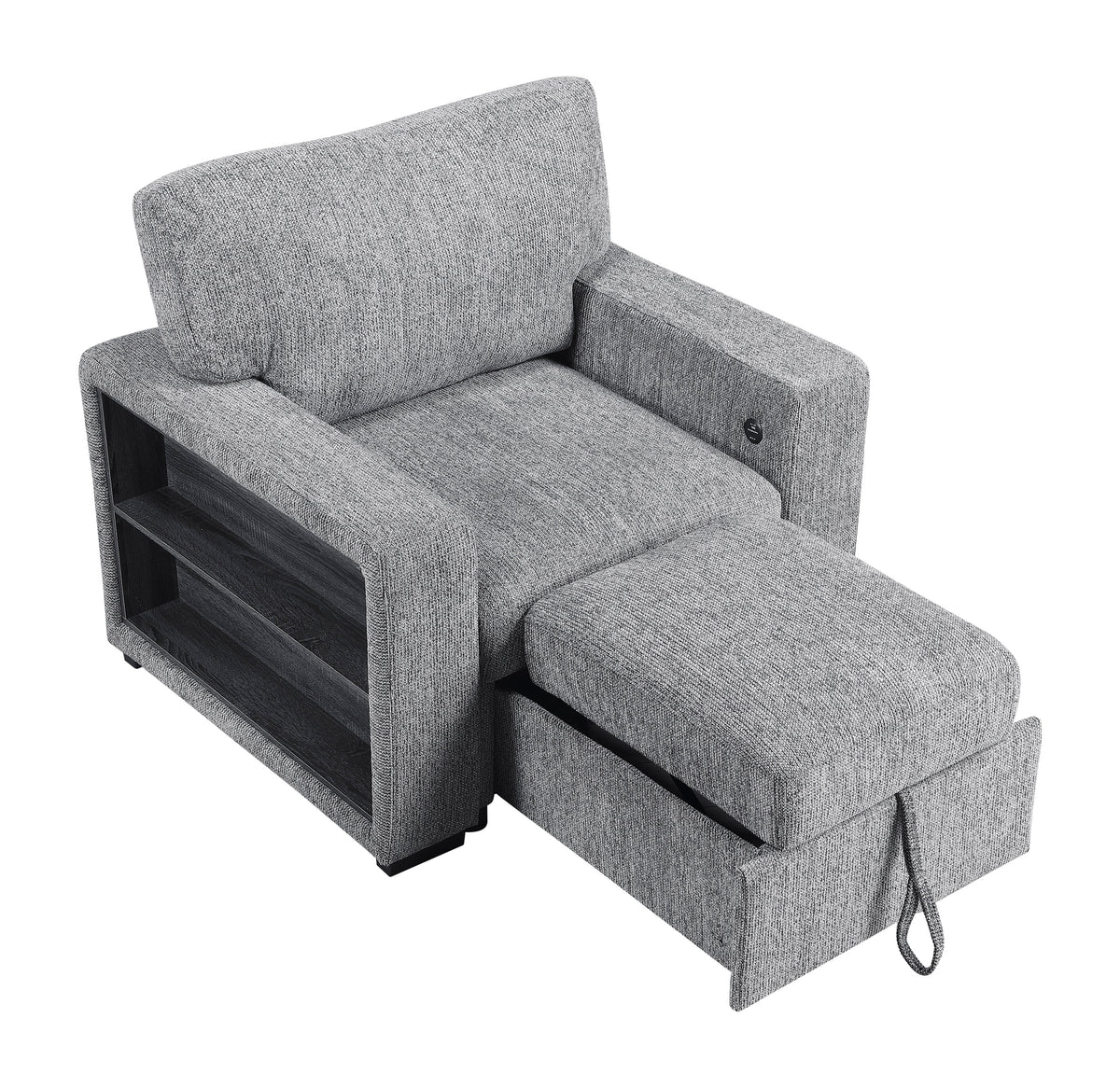 Alcove Gray Chair With Pull-out Ottoman Arms With Shelves And Charging Ports