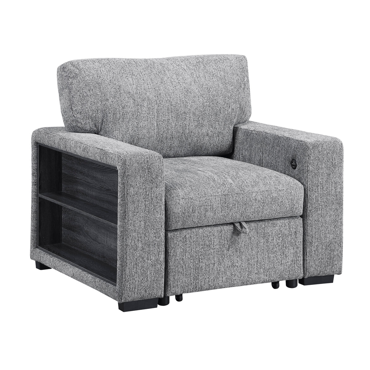 Alcove Gray Chair With Pull-out Ottoman Arms With Shelves And Charging Ports