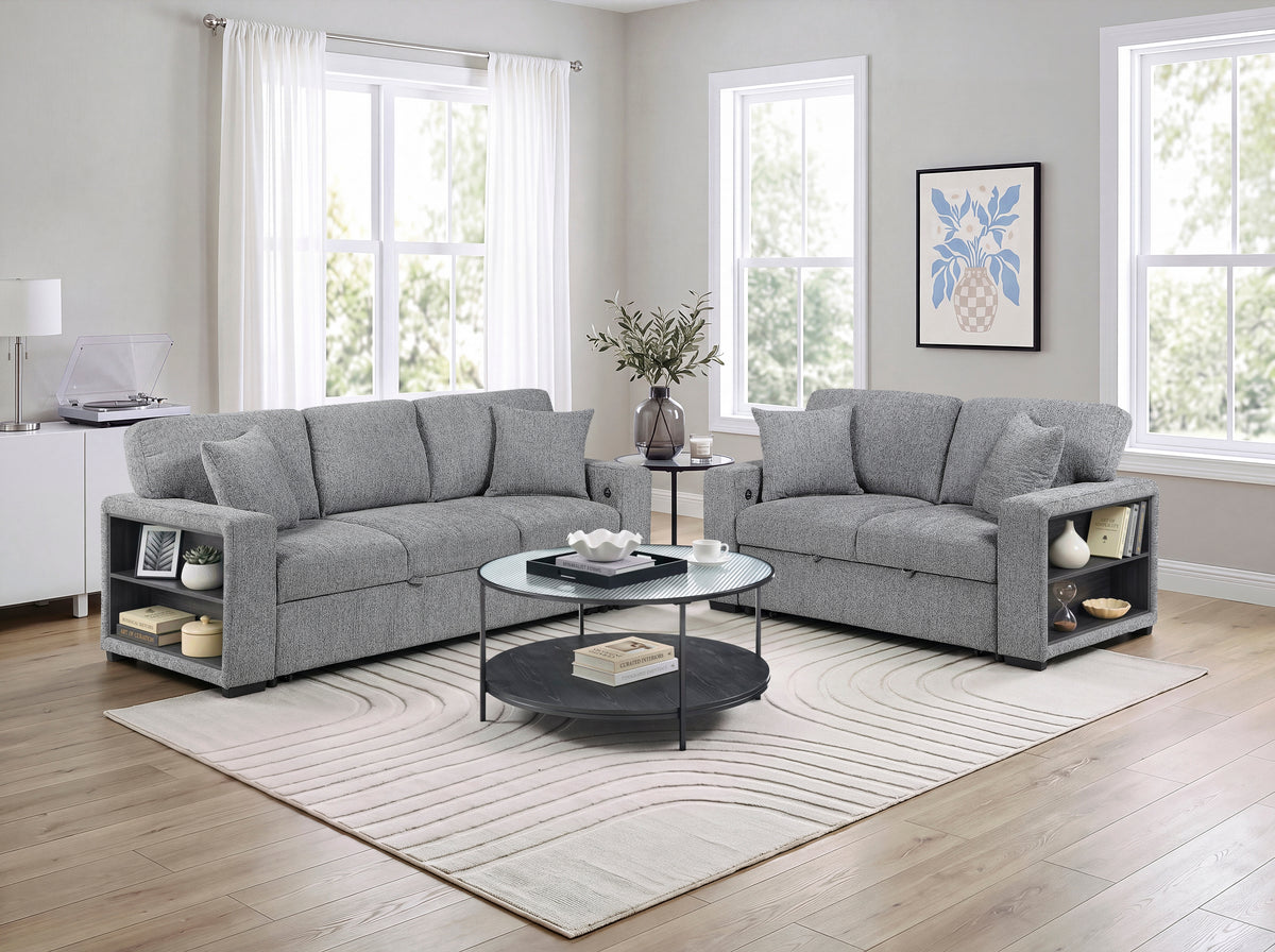 Alcove Gray Sofa With Pull-out Bed Center Drop-down Cup Holders Arms With Shelves And Charging Ports