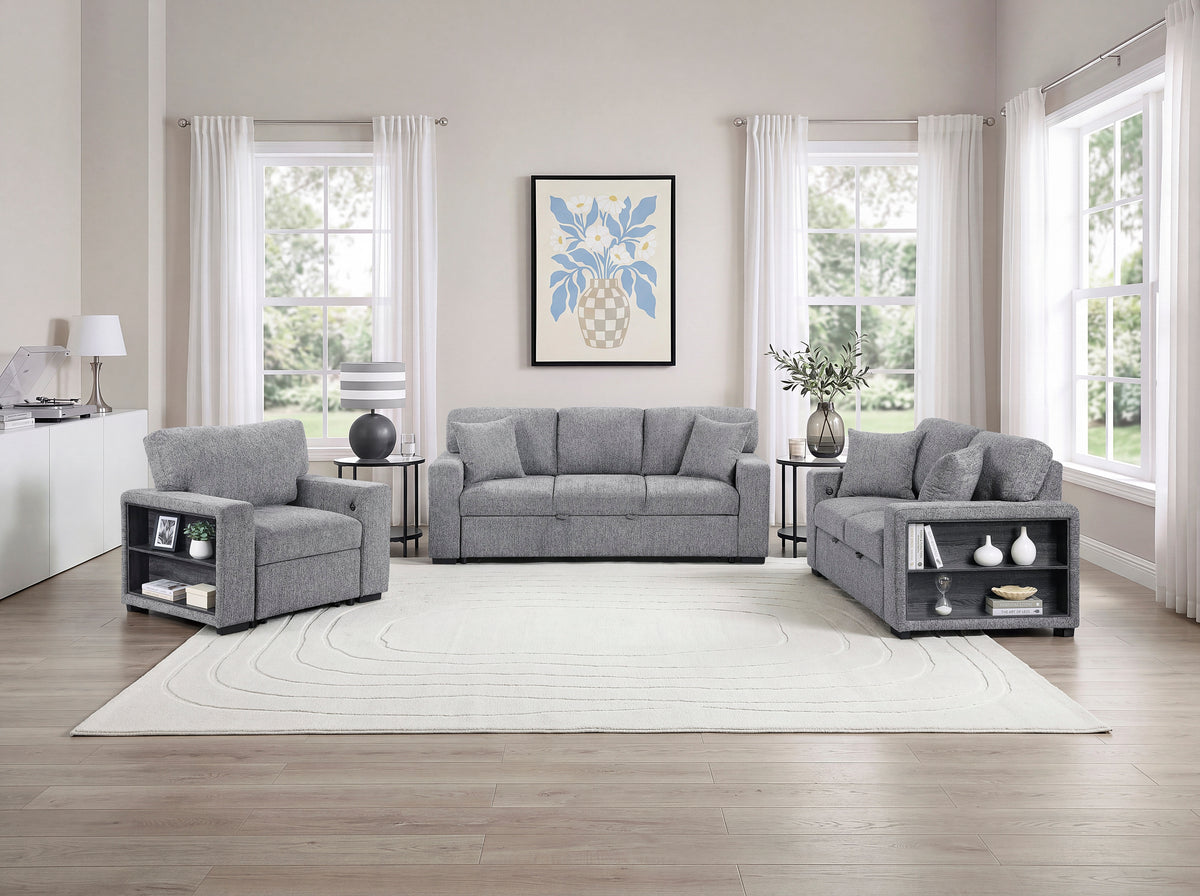 Alcove Gray Loveseat With Pull-out Bed Arms With Shelves And Charging Ports