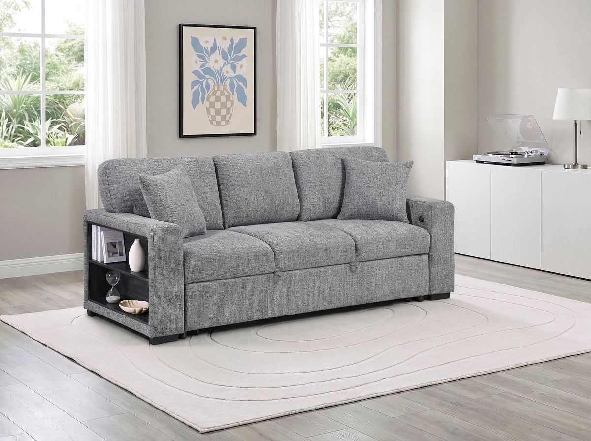 Alcove Gray Sofa With Pull-out Bed Center Drop-down Cup Holders Arms With Shelves And Charging Ports