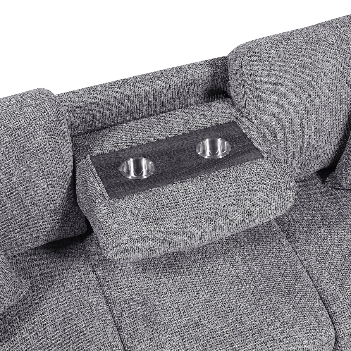 Alcove Gray Sofa With Pull-out Bed Center Drop-down Cup Holders Arms With Shelves And Charging Ports