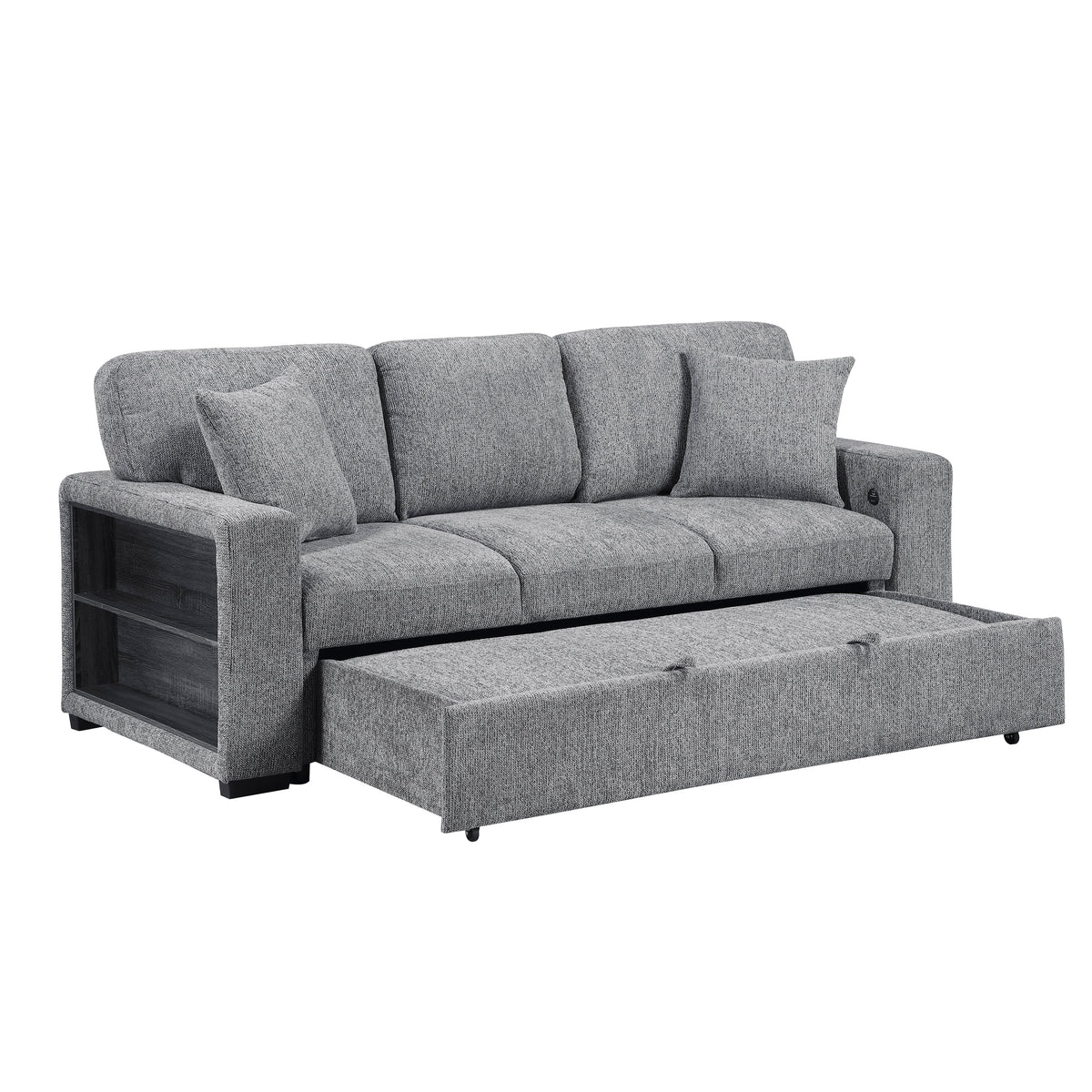 Alcove Gray Sofa With Pull-out Bed Center Drop-down Cup Holders Arms With Shelves And Charging Ports