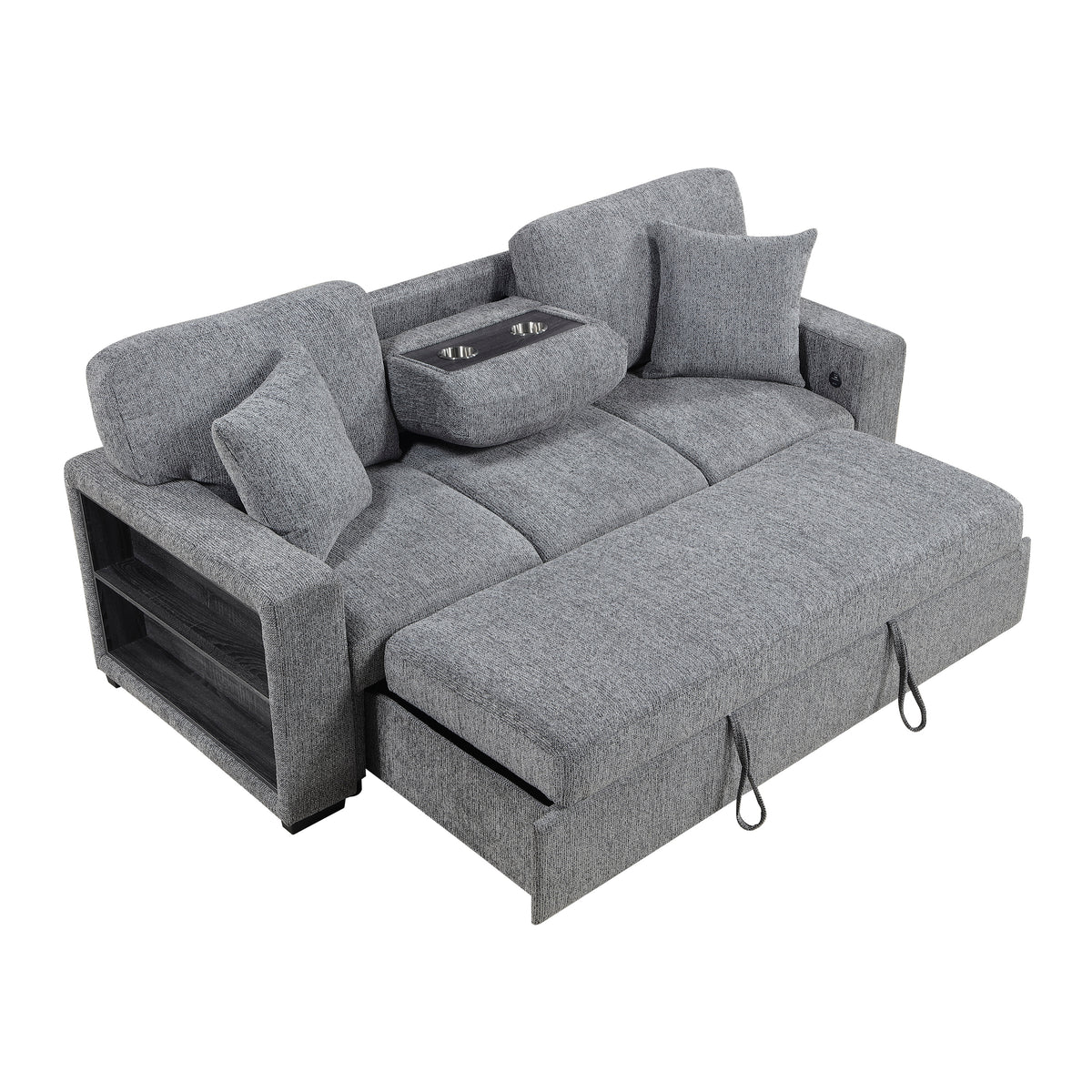 Alcove Gray Sofa With Pull-out Bed Center Drop-down Cup Holders Arms With Shelves And Charging Ports