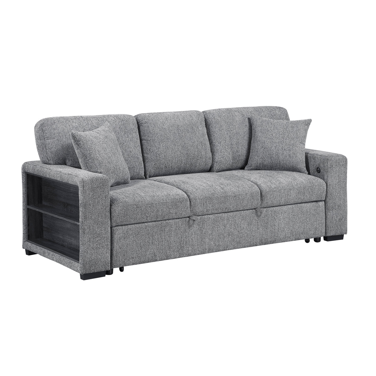 Alcove Gray Sofa With Pull-out Bed Center Drop-down Cup Holders Arms With Shelves And Charging Ports