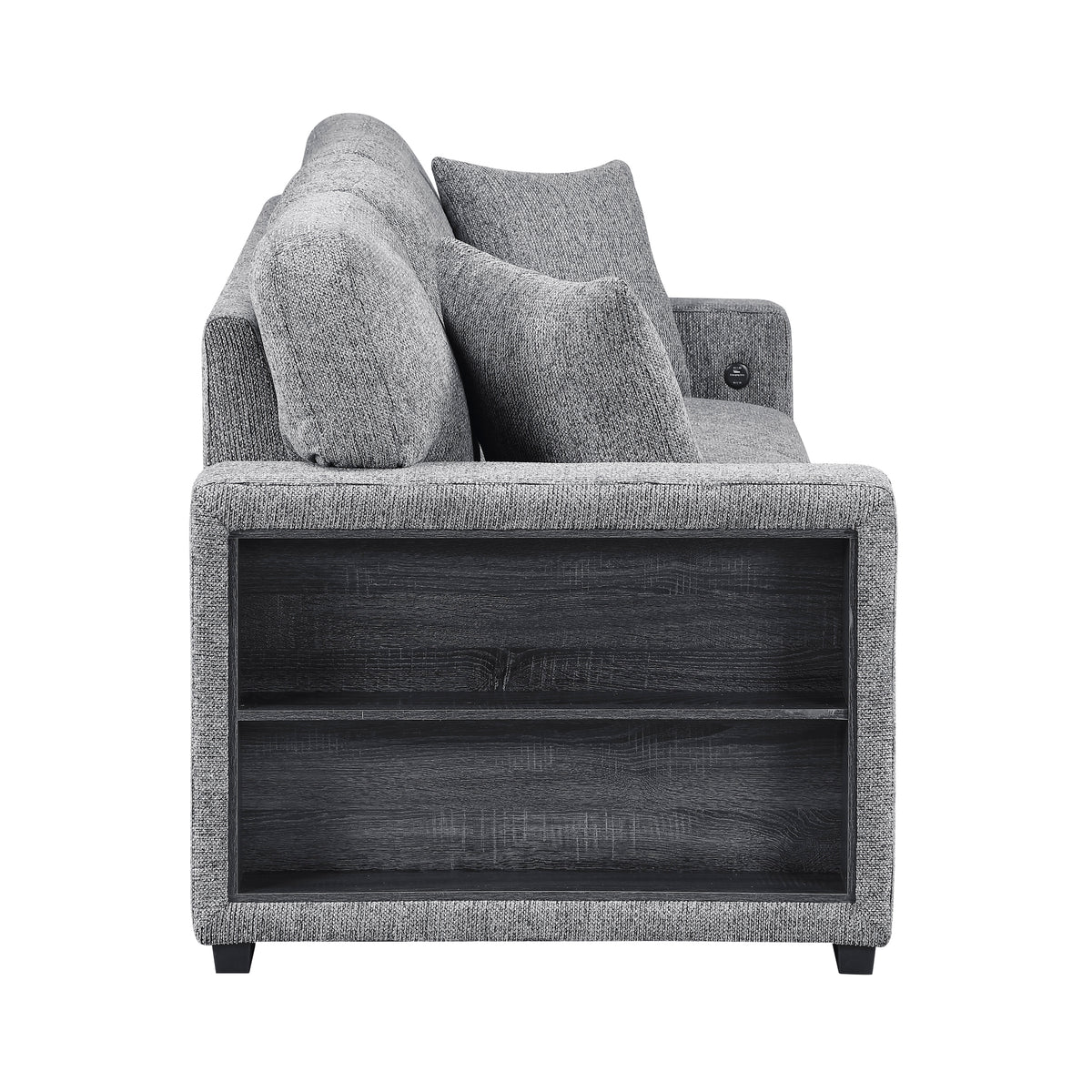 Alcove Gray Sofa With Pull-out Bed Center Drop-down Cup Holders Arms With Shelves And Charging Ports