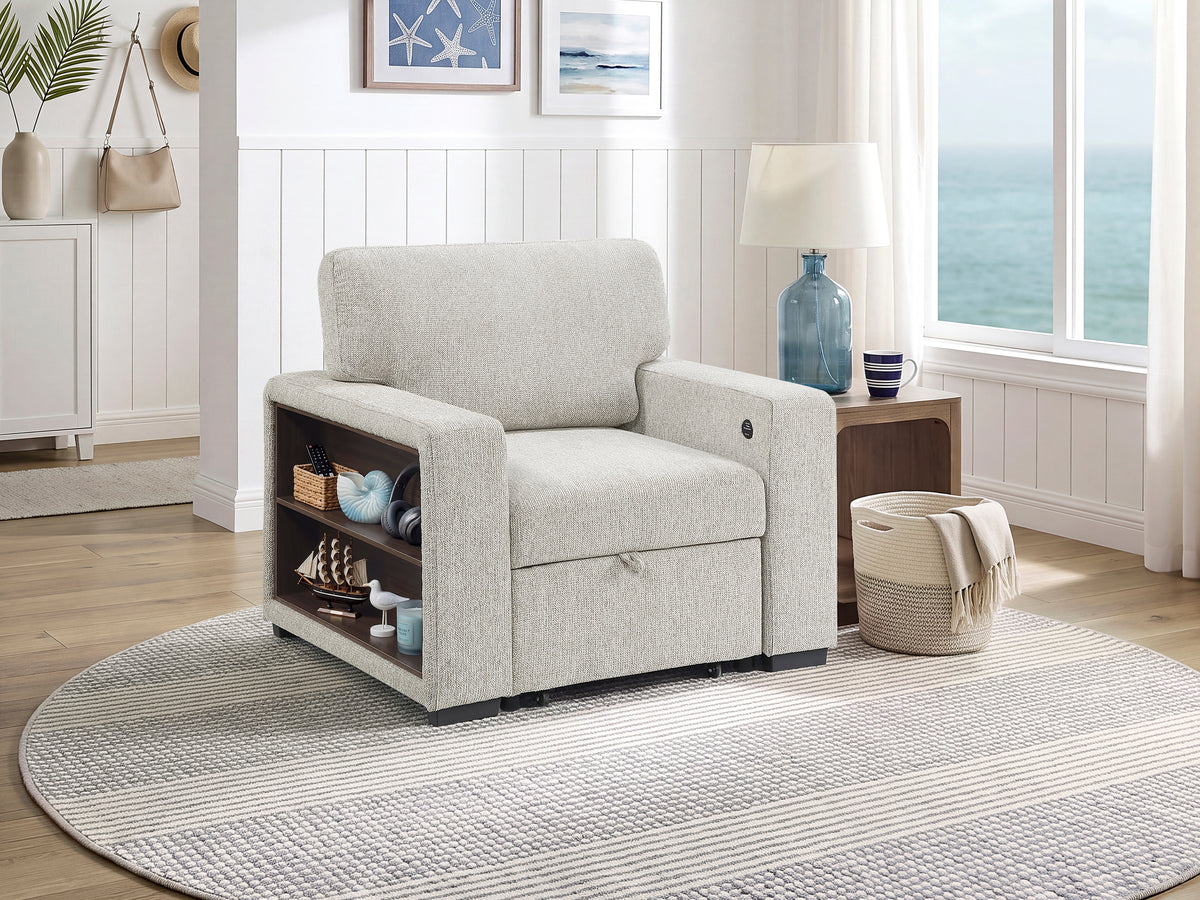 Alcove Silver Chair With Pull-out Ottoman Arms With Shelves And Charging Ports