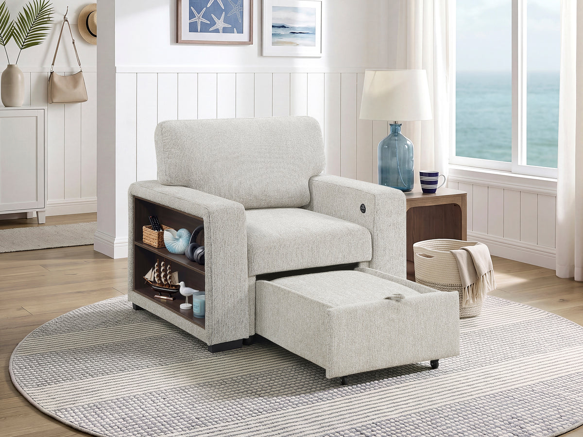 Alcove Silver Chair With Pull-out Ottoman Arms With Shelves And Charging Ports