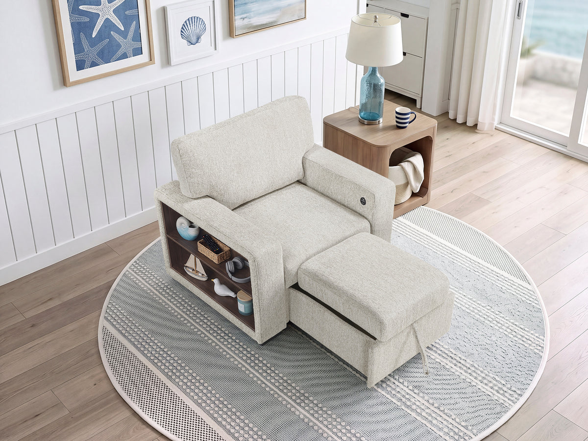 Alcove Silver Chair With Pull-out Ottoman Arms With Shelves And Charging Ports