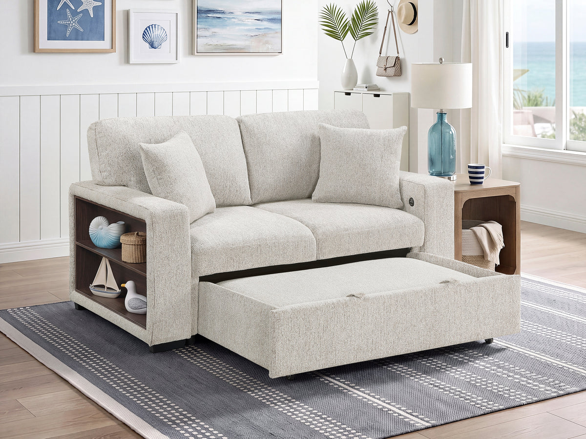 Alcove Silver Convertible Loveseat With Pull-out Bed Arms With Shelves And Charging Ports