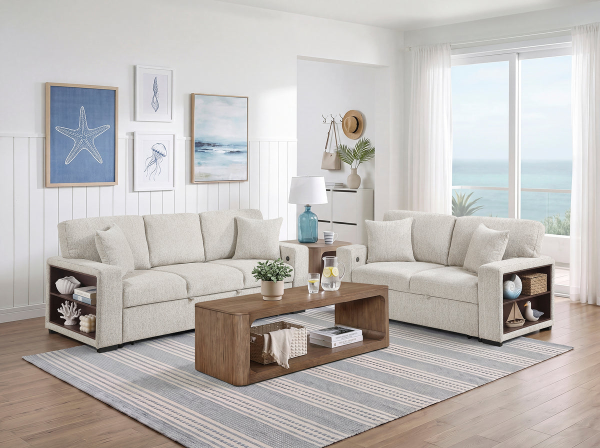 Alcove Silver Sofa With Pull-out Bed Center Drop-down Cup Holders Arms With Shelves And Charging Ports