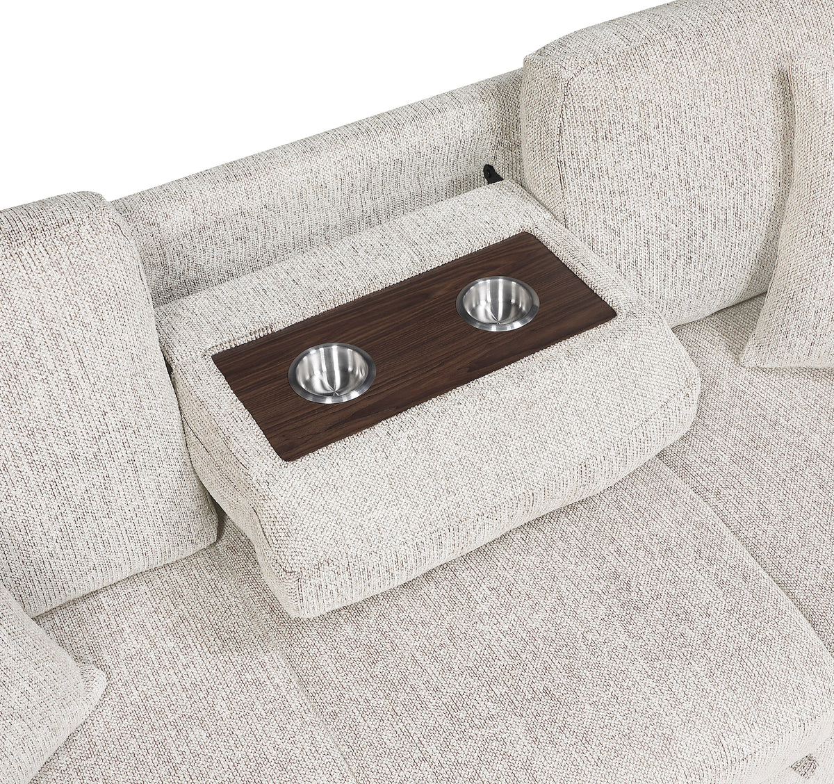 Alcove Silver Sofa With Pull-out Bed Center Drop-down Cup Holders Arms With Shelves And Charging Ports