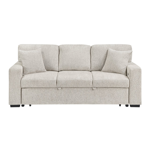 Alcove Silver Sofa With Pull-out Bed Center Drop-down Cup Holders Arms With Shelves And Charging Ports