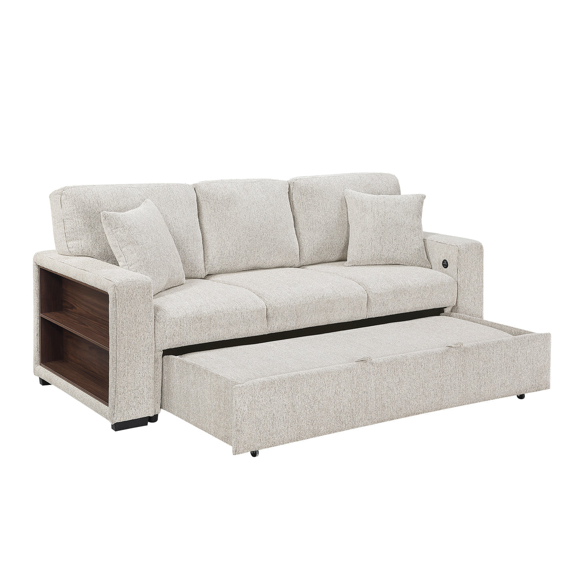 Alcove Silver Sofa With Pull-out Bed Center Drop-down Cup Holders Arms With Shelves And Charging Ports