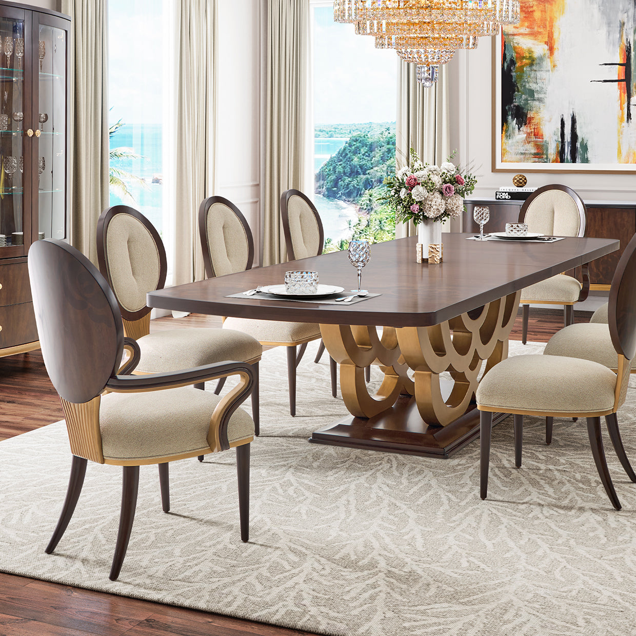 Camellia Field Warm Pecan/Linen Dining Arm Chair