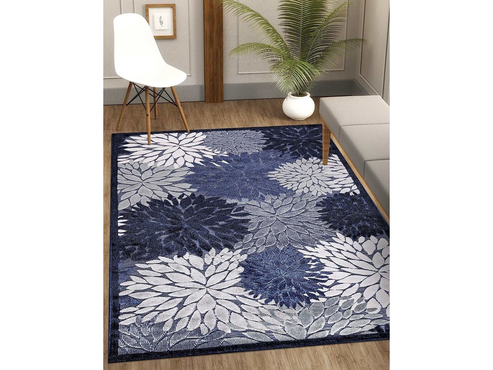 Spring Navy Floral Exotic Tropical Non-Shedding Indoor/Outdoor Area Rugs - Ornate Home