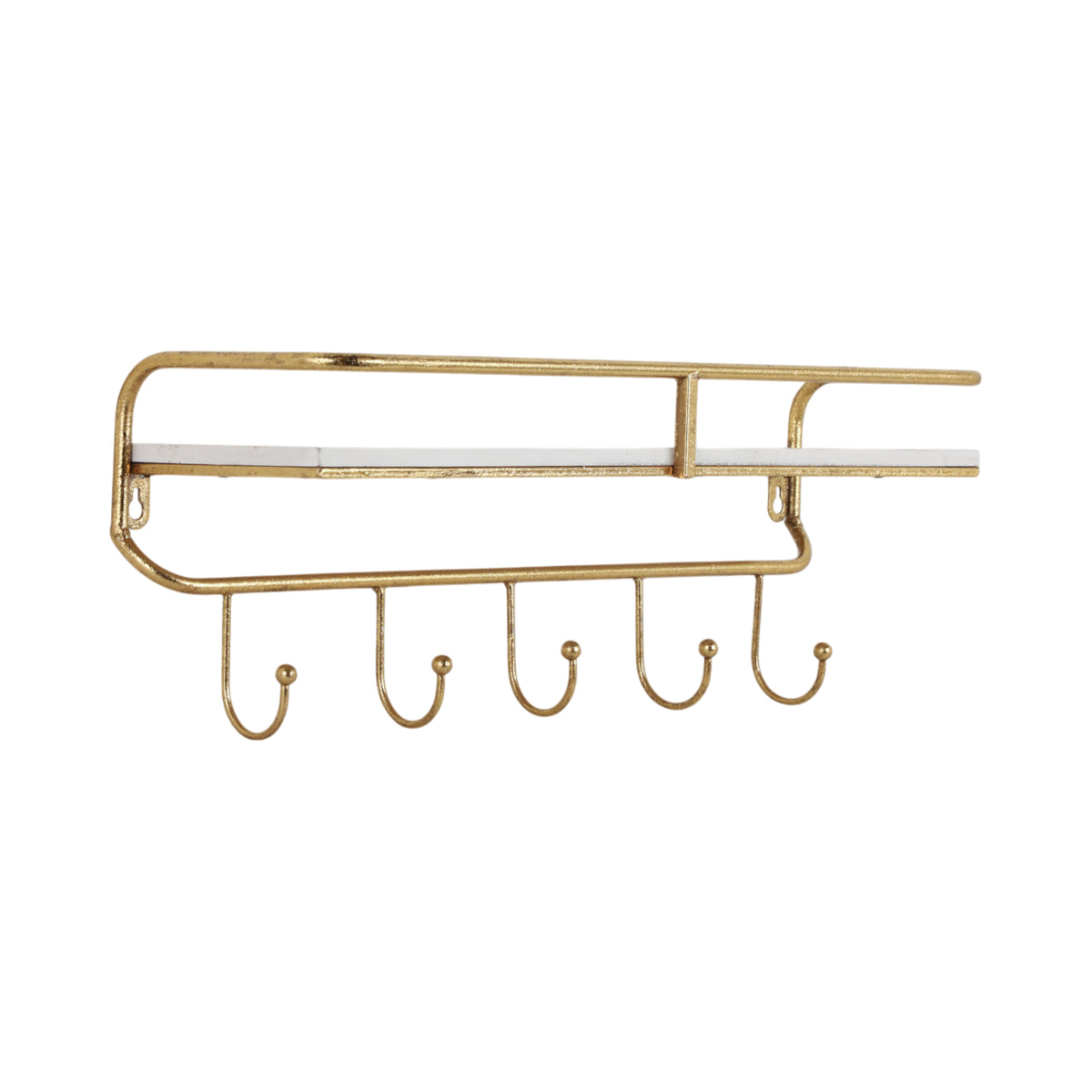 Calneva White/Gold Metal and Wood 5 Hook Wall Shelf