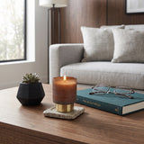 Pine Wood Amber/Gold Jasmine Etched Candle with Base