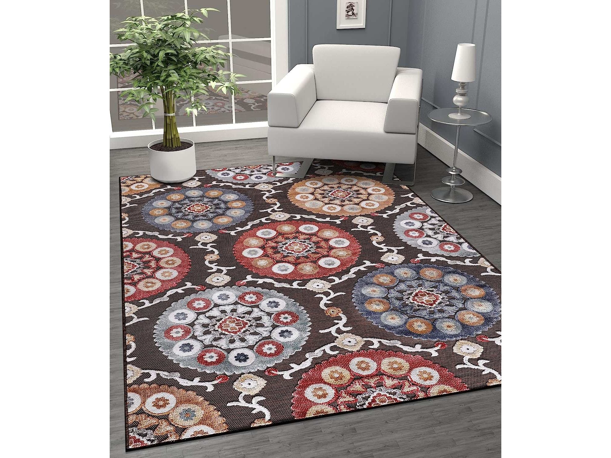 Spring Brown Bohemian Medallion Floral Non-Shedding Indoor/Outdoor Area Rugs - Ornate Home