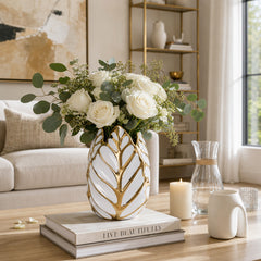 Coleham White/Gold Ceramic Leaf Vase