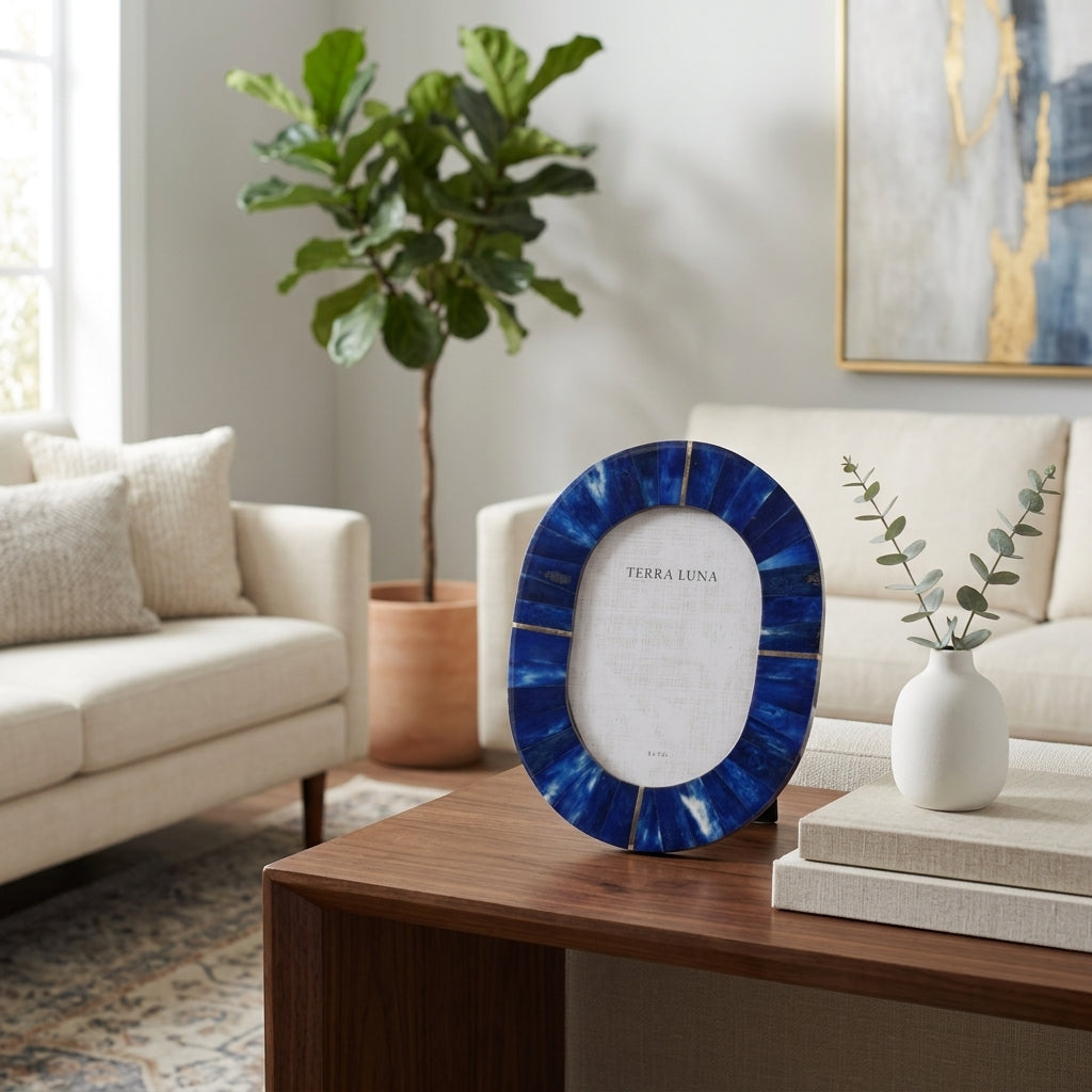 Glenview Blue/Gold Large Oval Brass Inlay Frame