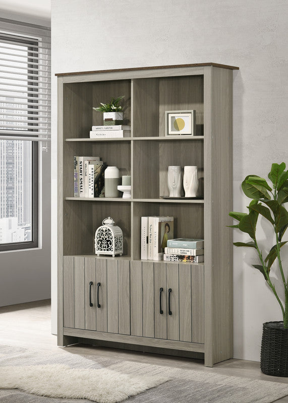 Nyla Gray Oak 47"W Bookcase with Cabinet Doors