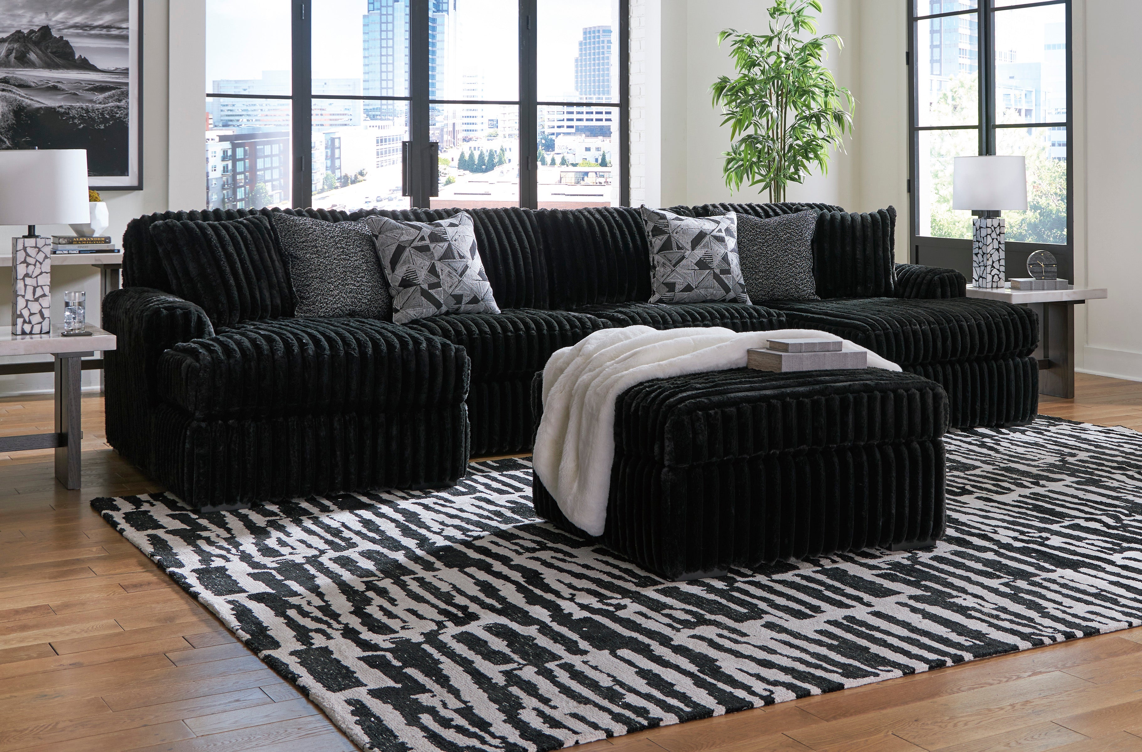 Midnight-Madness Onyx Corduroy 3-Piece Double Chaise Sectional - Ornate Home