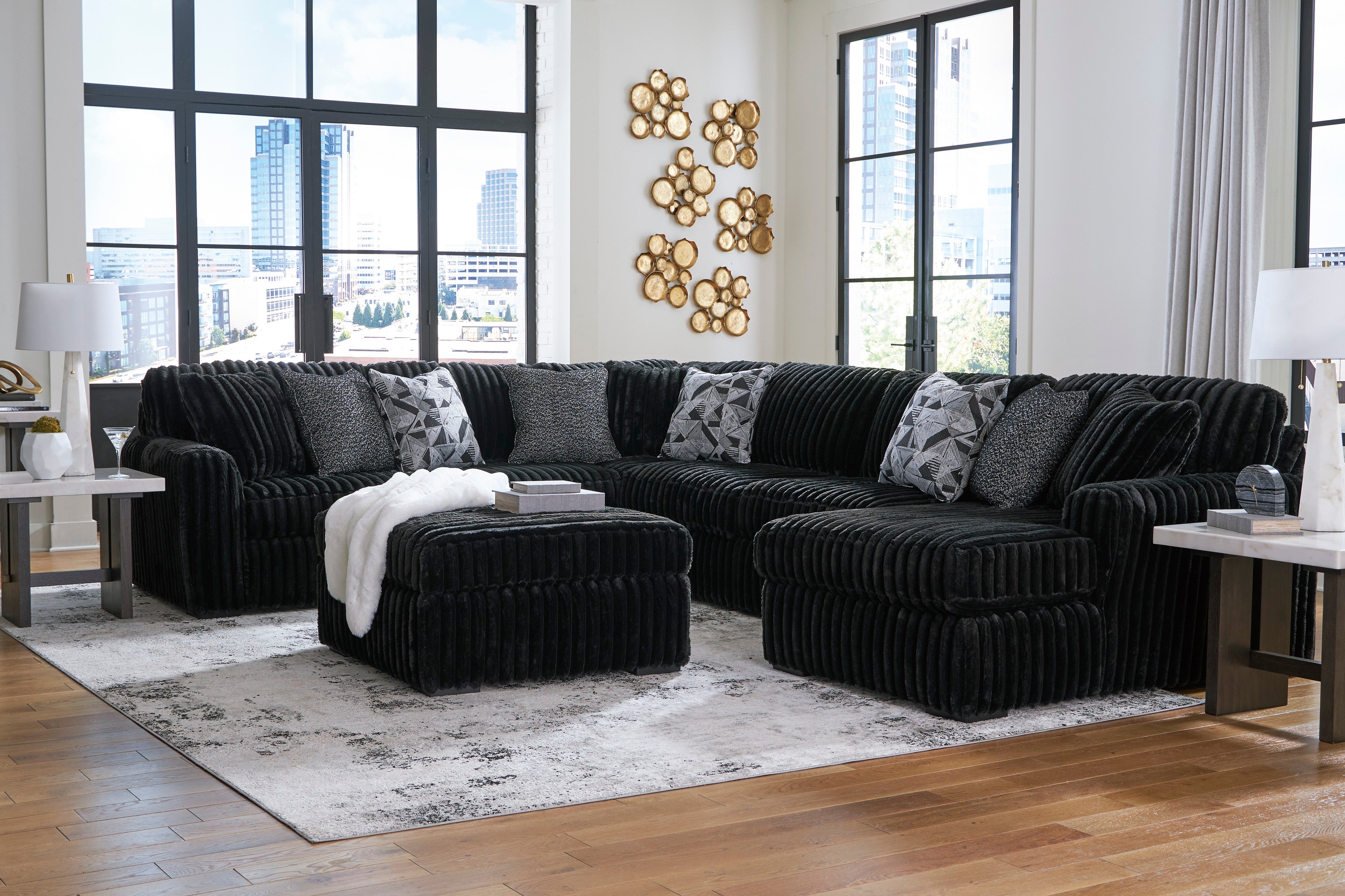 Midnight-Madness Onyx Corduroy 4-Piece RAF Chaise Sectional - Ornate Home