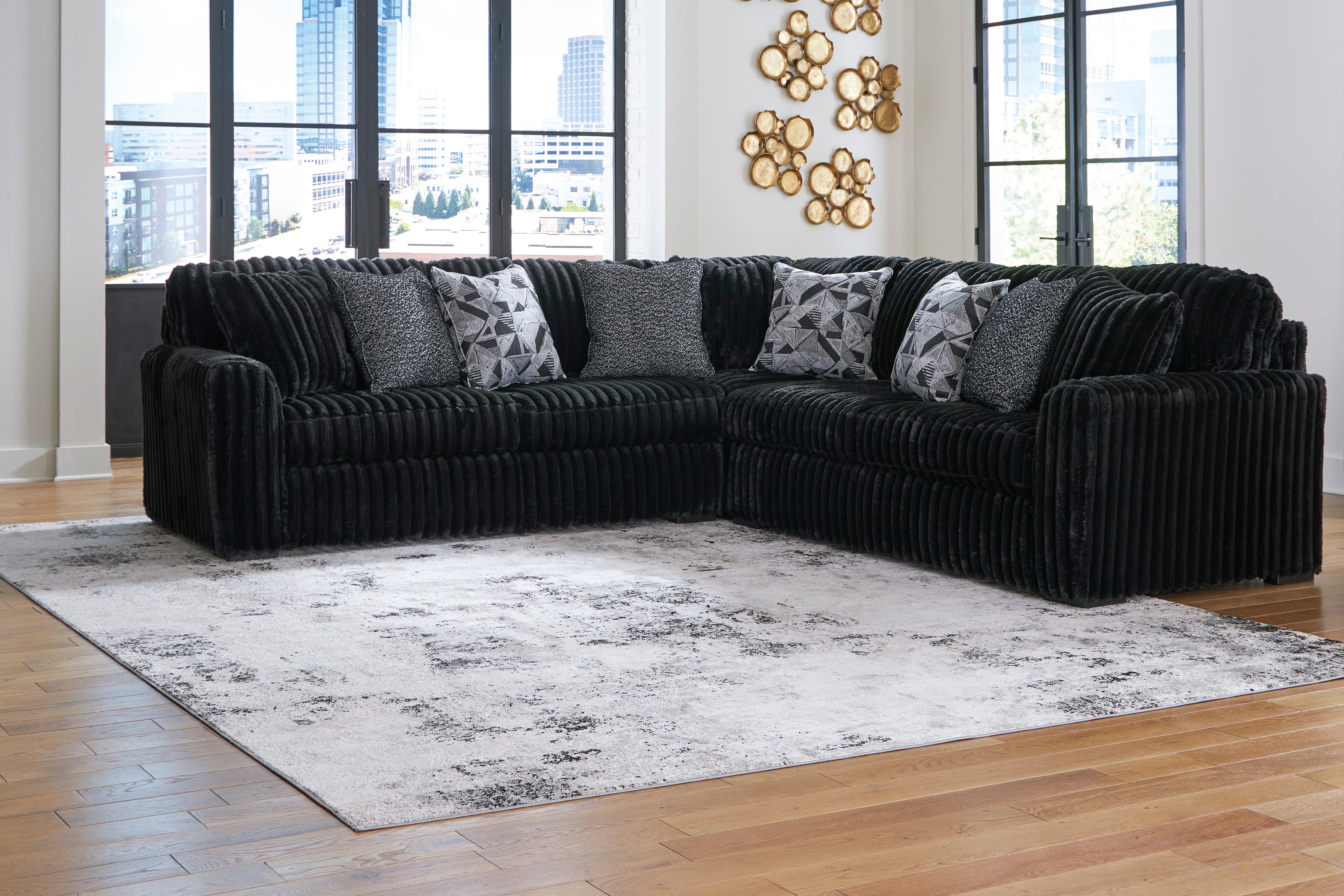 Midnight-Madness Onyx Corduroy 3-Piece Symmetrical Sectional - Ornate Home