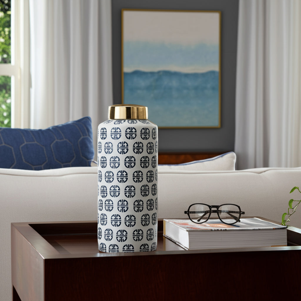 Glen Oaks Navy/White Ceramic Modern Ginger Jar
