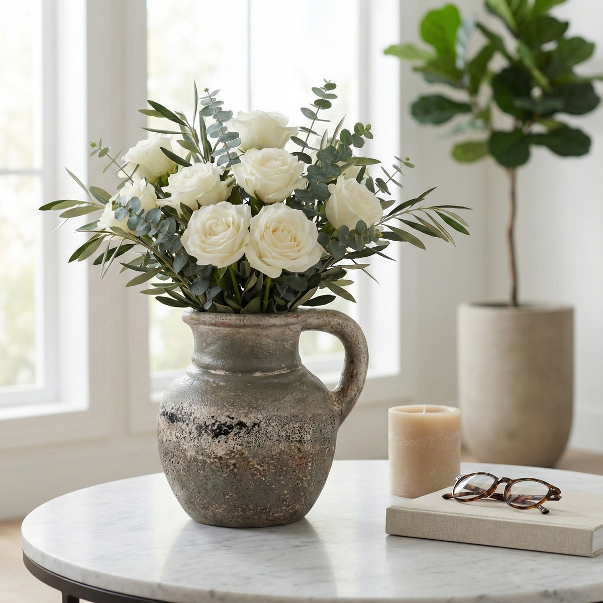 Shermangrove Ivory/Green Terracotta Jug with Handle