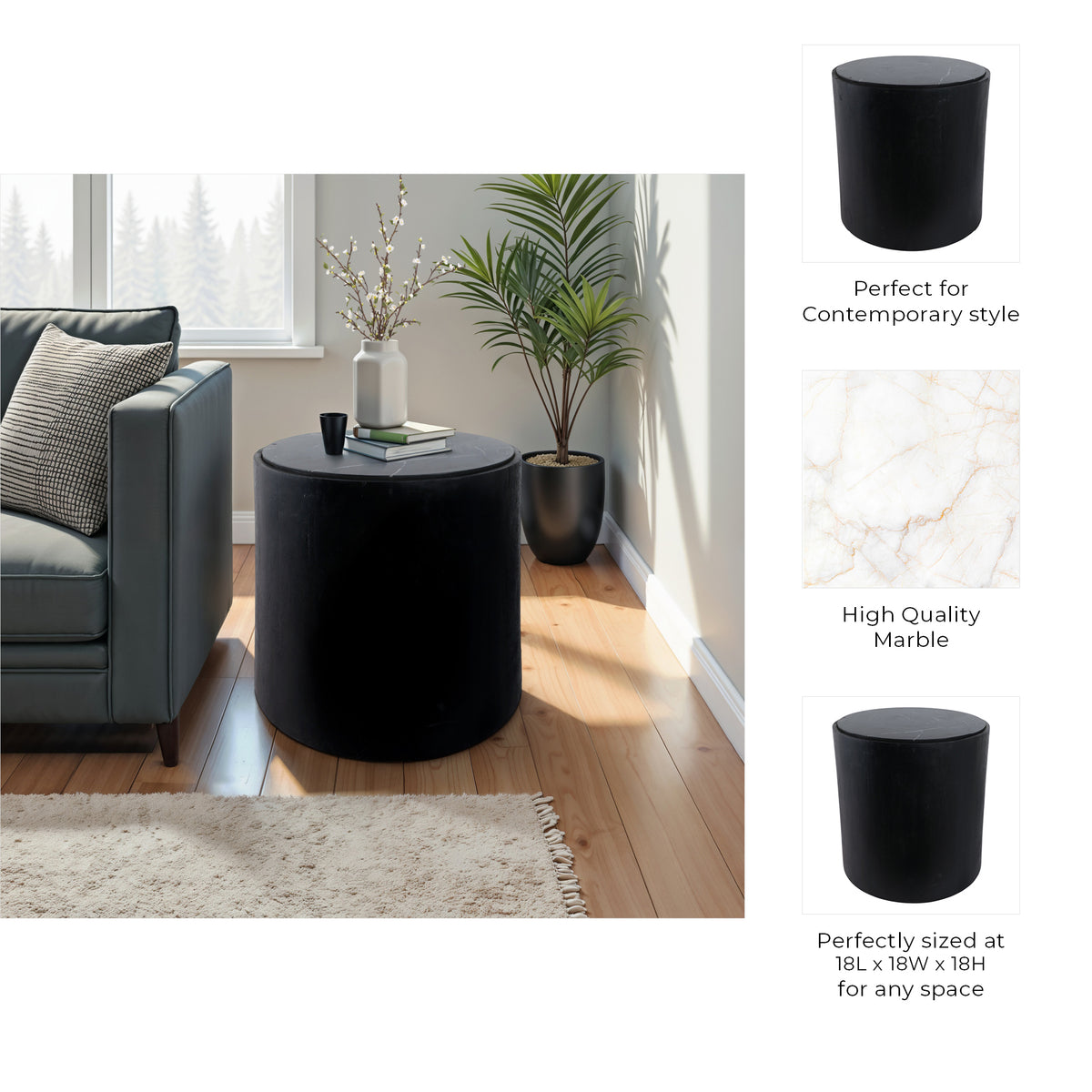 Johnsville Black/White Marble Inlay Round Accent Table