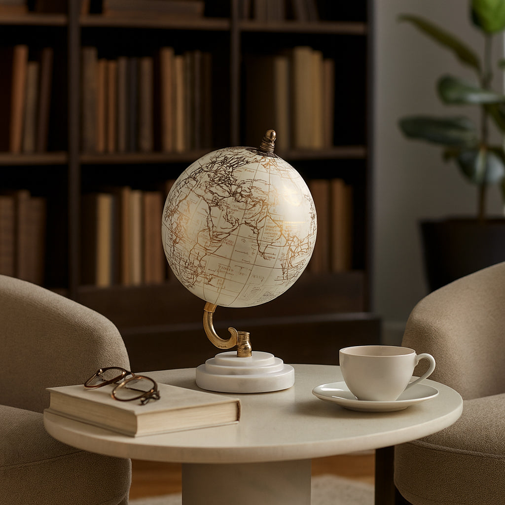Piedra White/Gold Globe on Ridged Marble Base