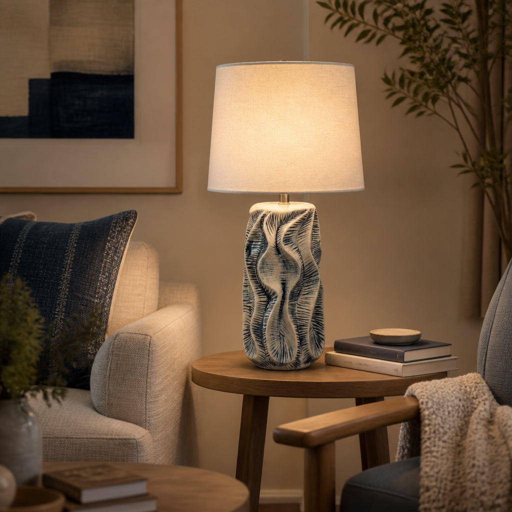 Swanton Blue Ceramic Table Lamp with Linen Lampshade