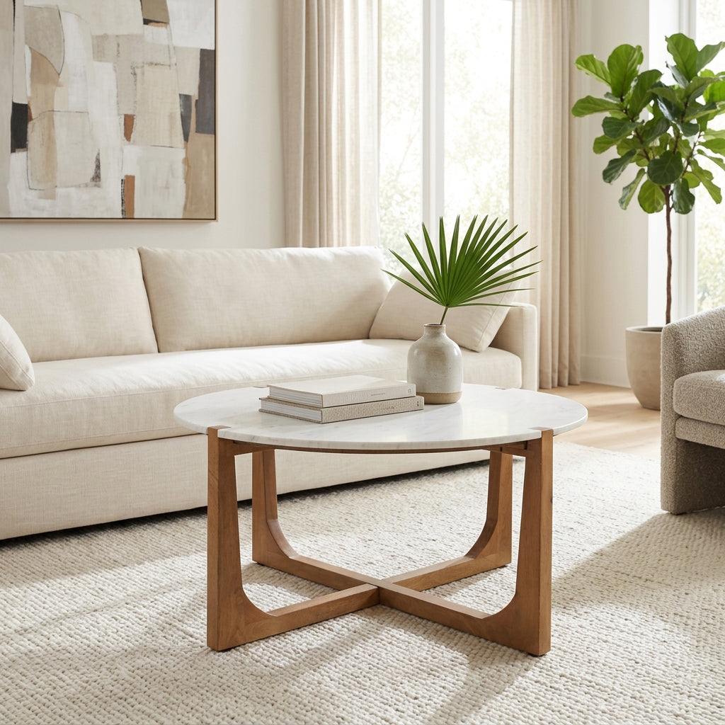 Keystone White/Brown Modern Coffee Table with Marble Top
