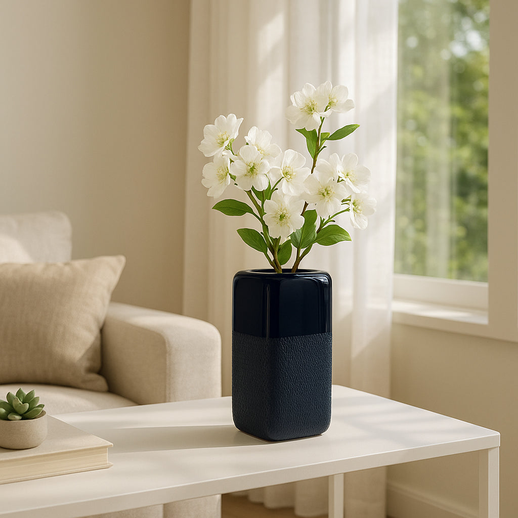 Coromar Navy Blue Small Ceramic Squared Grooved Vase