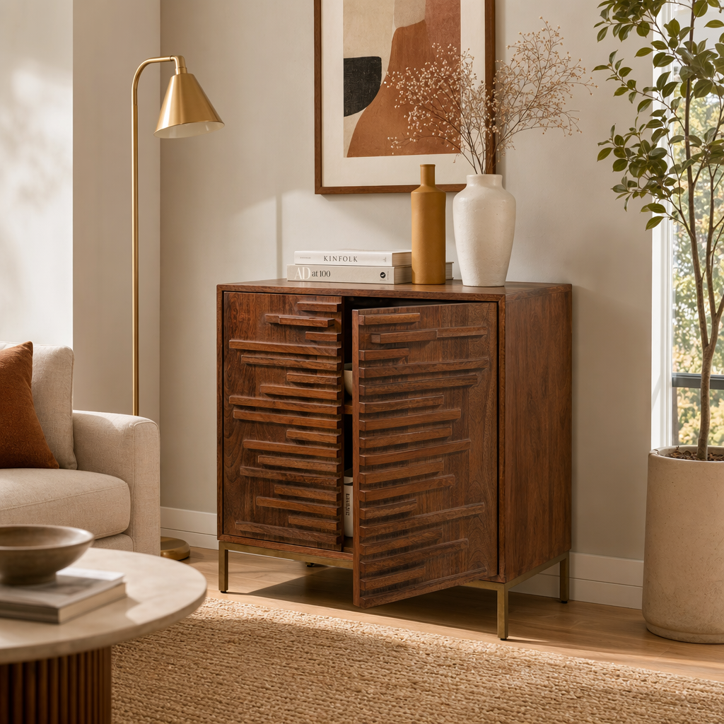 Warner Mango Brown Midcentury Slat 2 Door Cabinet