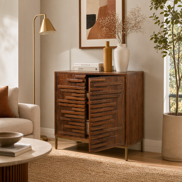 Warner Mango Brown Midcentury Slat 2 Door Cabinet