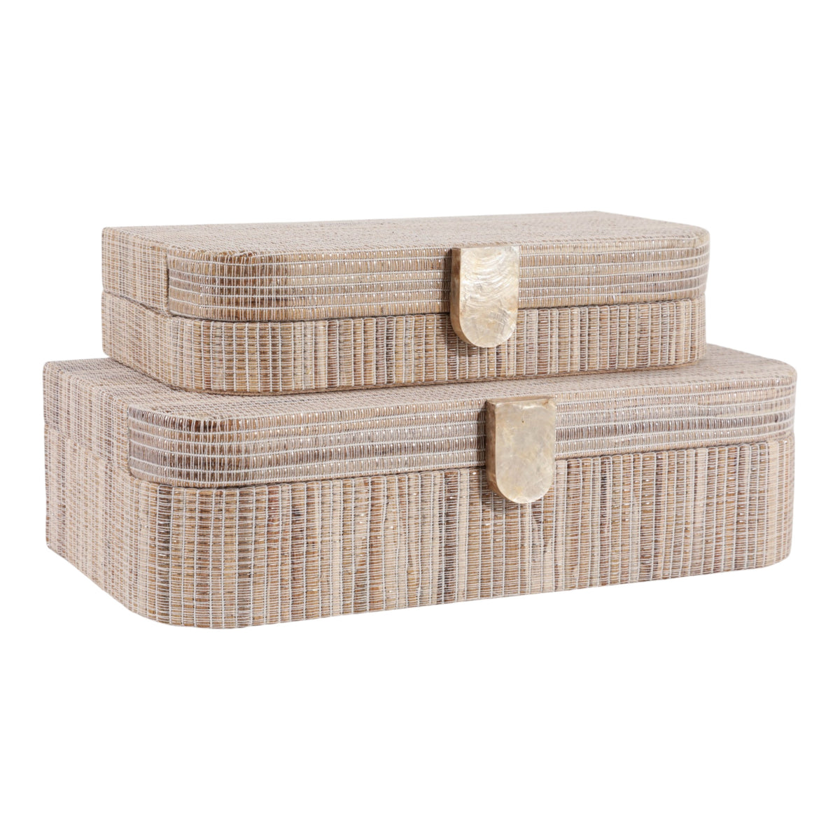 Mono Vista Brown Raffia Boxes with Round Edge Capiz Hardware (Set of 2)