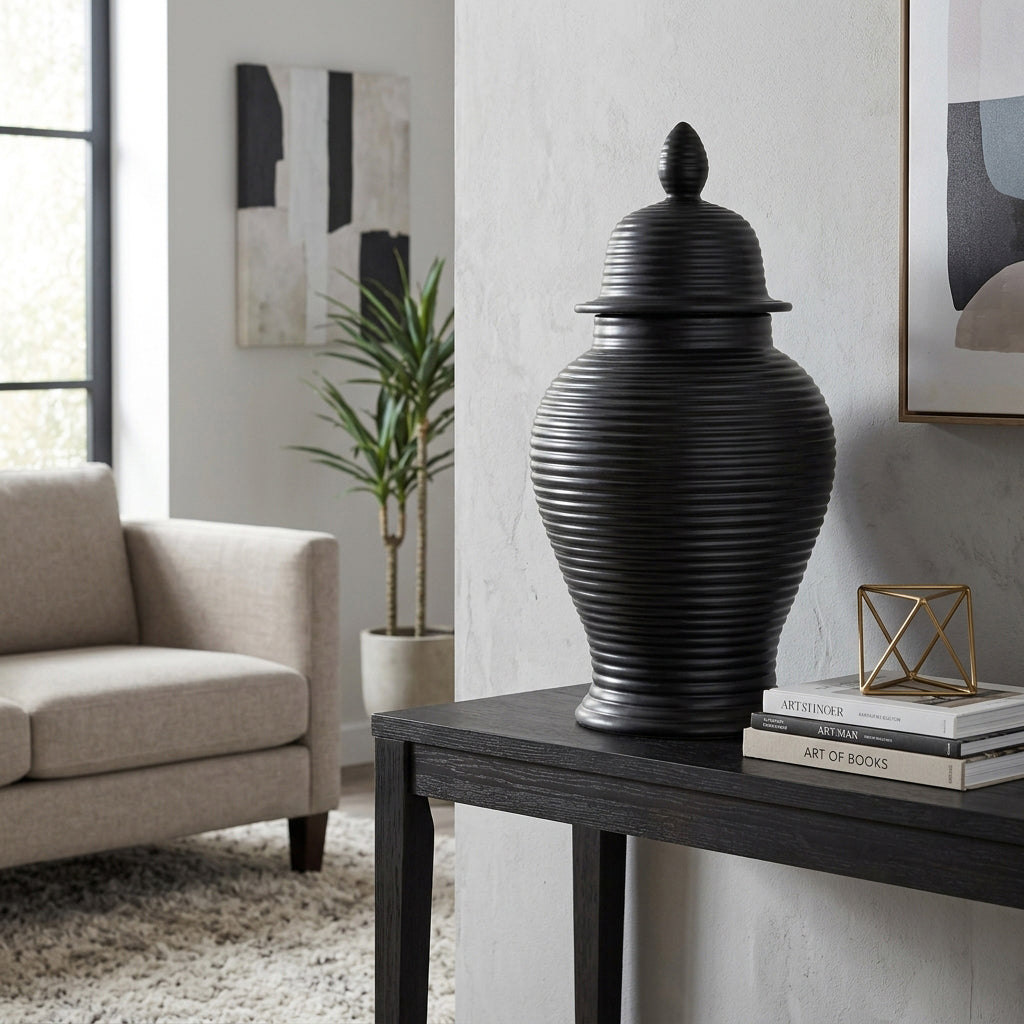 Owenshaw Black Ceramic Ribbed Temple Jar