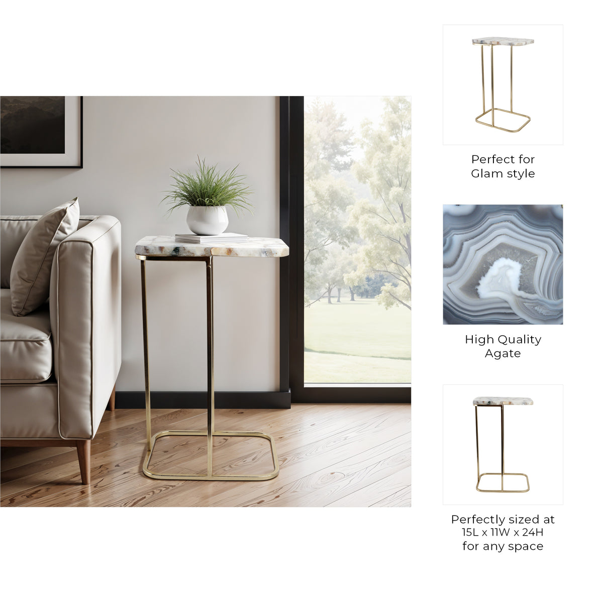 Oceana White/Gold C-Table with Agate Top