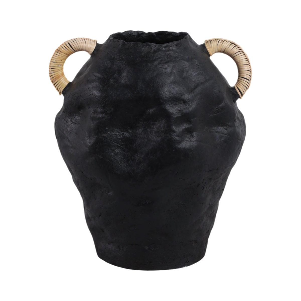 Meeks Bay Black Terracotta Jug Vase with Rattan Handles