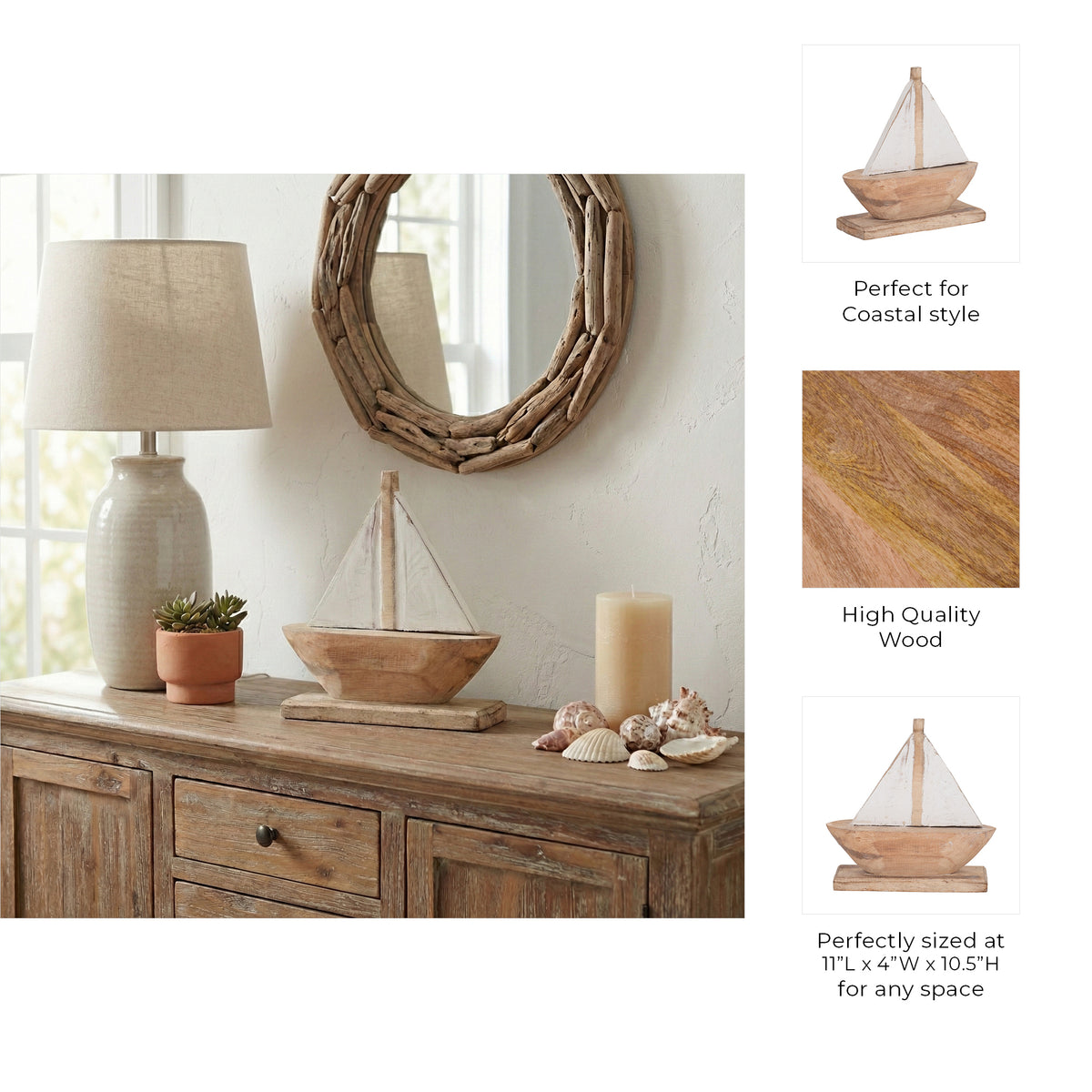Mystic Natural/White Small Wood Sailboat