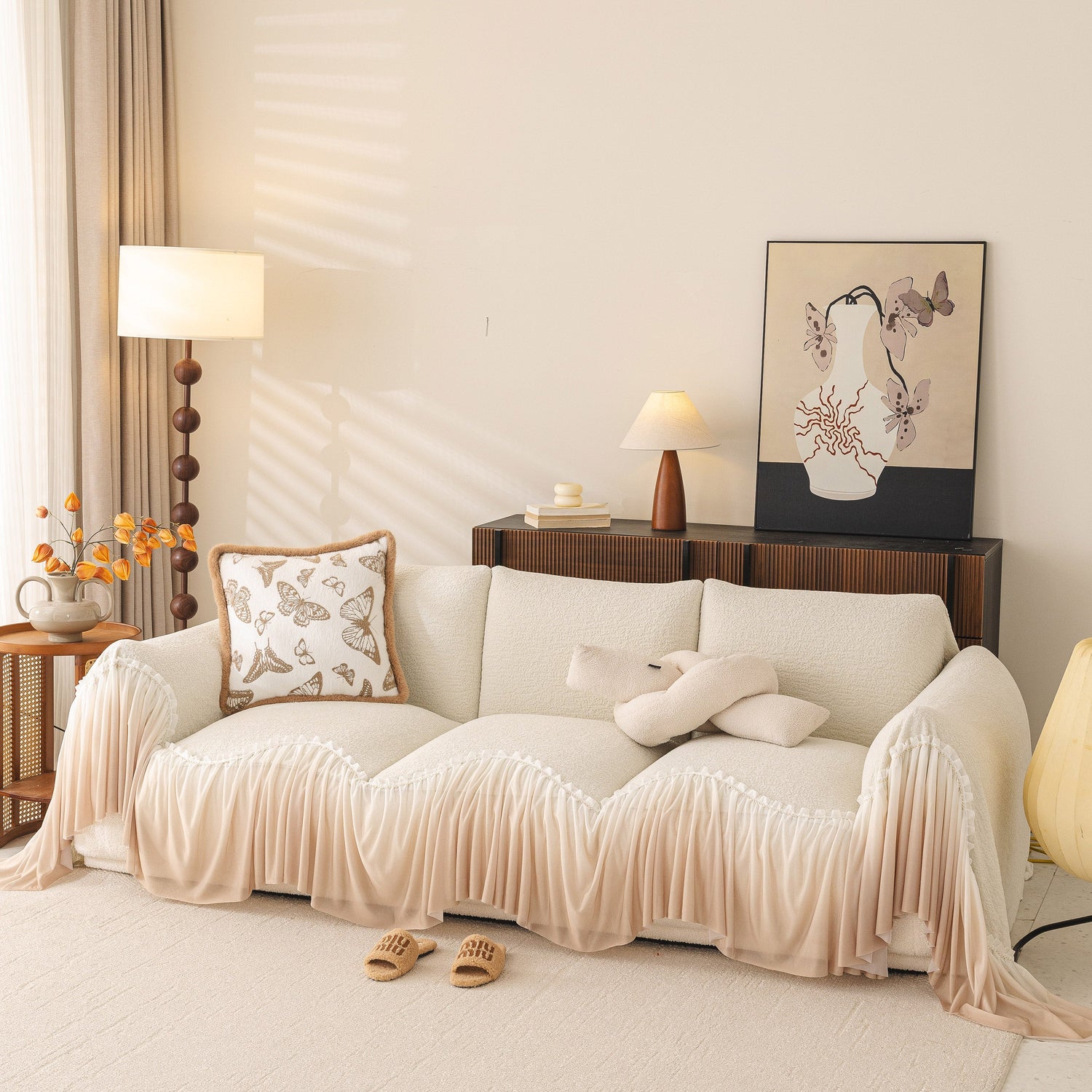 Luxury Sofa Throw Cover with Elegant Ruffled Skirt, Soft Decorative Couch Protector