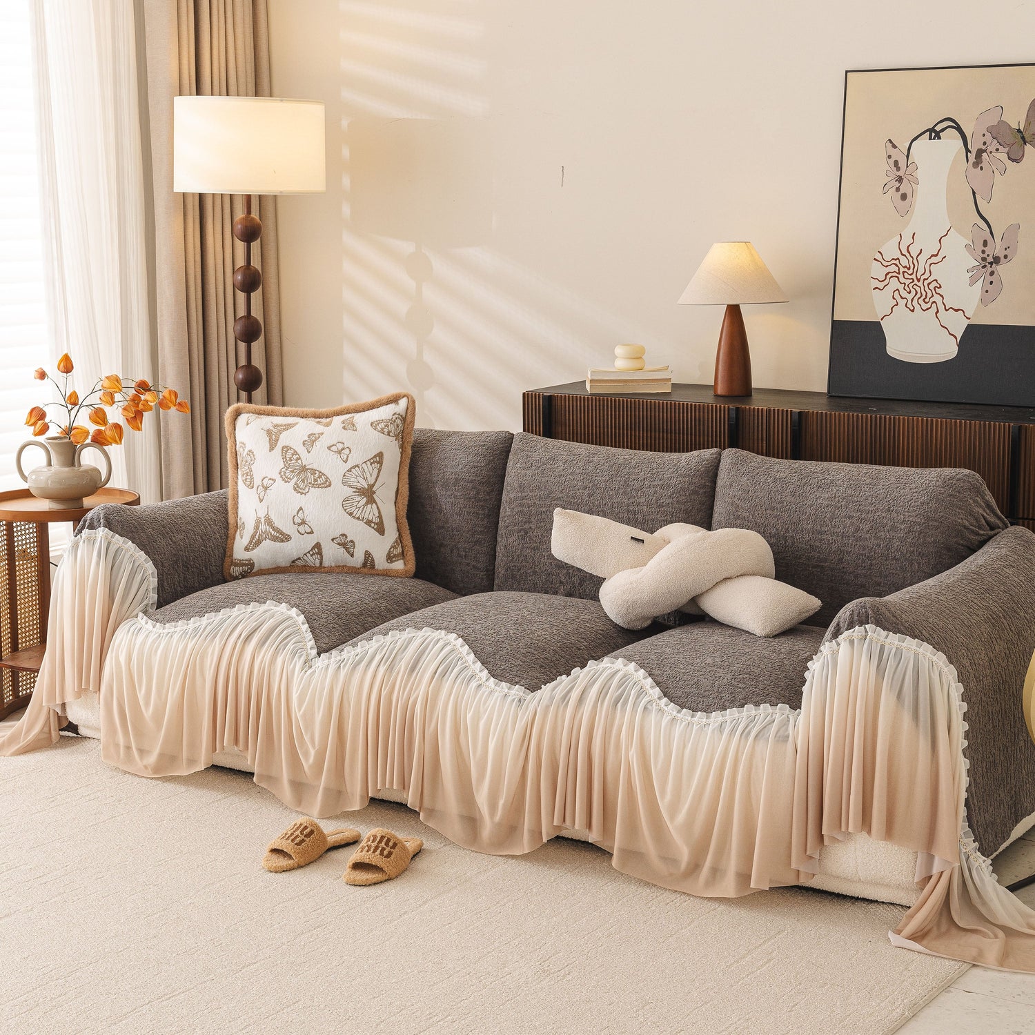 Luxury Sofa Throw Cover with Elegant Ruffled Skirt, Soft Decorative Couch Protector
