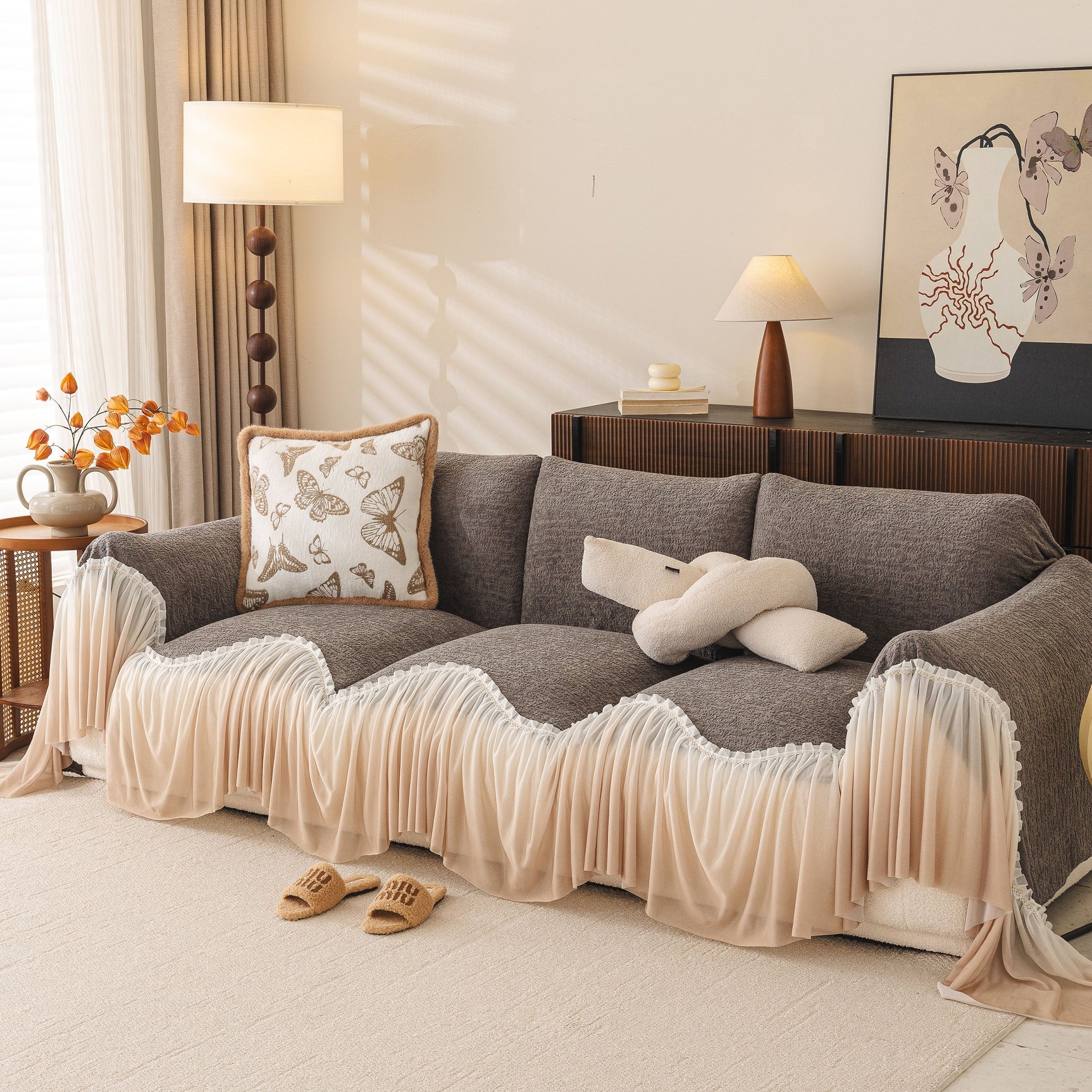 Luxury Sofa Throw Cover with Elegant Ruffled Skirt, Soft Decorative Couch Protector