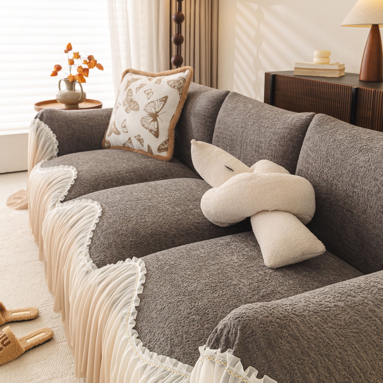 Luxury Sofa Throw Cover with Elegant Ruffled Skirt, Soft Decorative Couch Protector